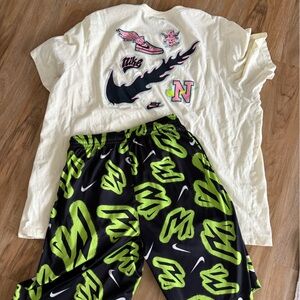 Nike White Graphic Long-Sleeve Top with Neon Green and Black Logo Shorts